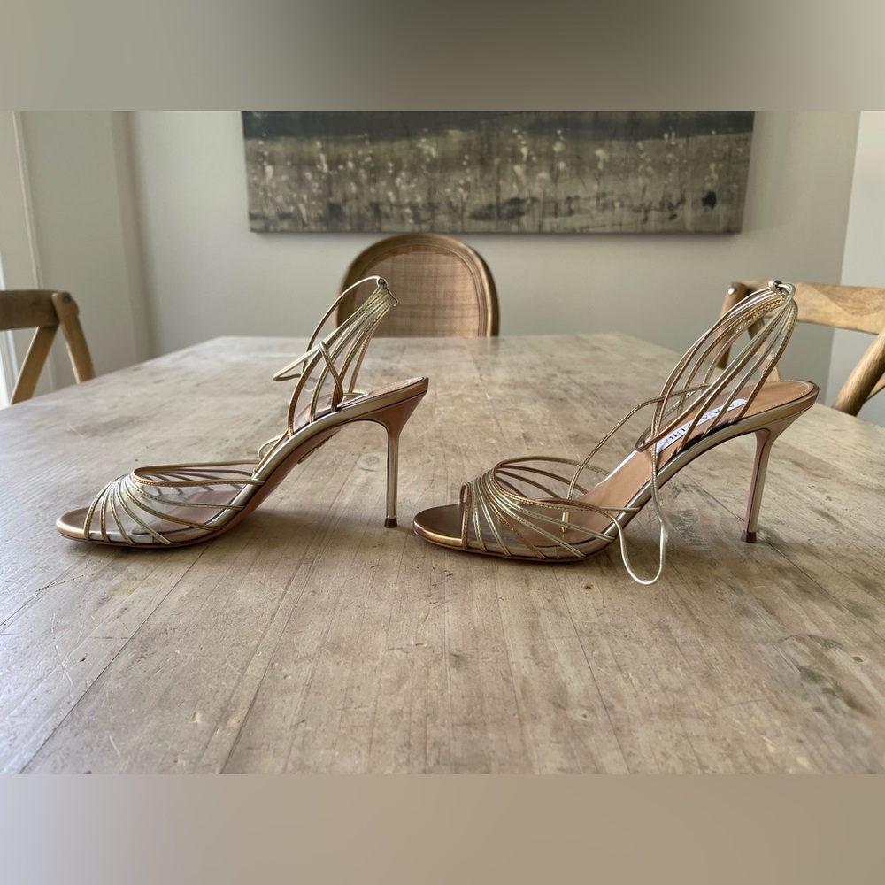 Aquazzura Call Me 85 Leather and PVC sandal in Gold, NWB, SZ 39 - Picture 7 of 16